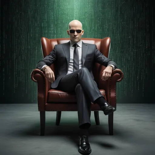 Prompt: Rich ceo boss, sitting in chair facing directly towards me, bald, matrix background