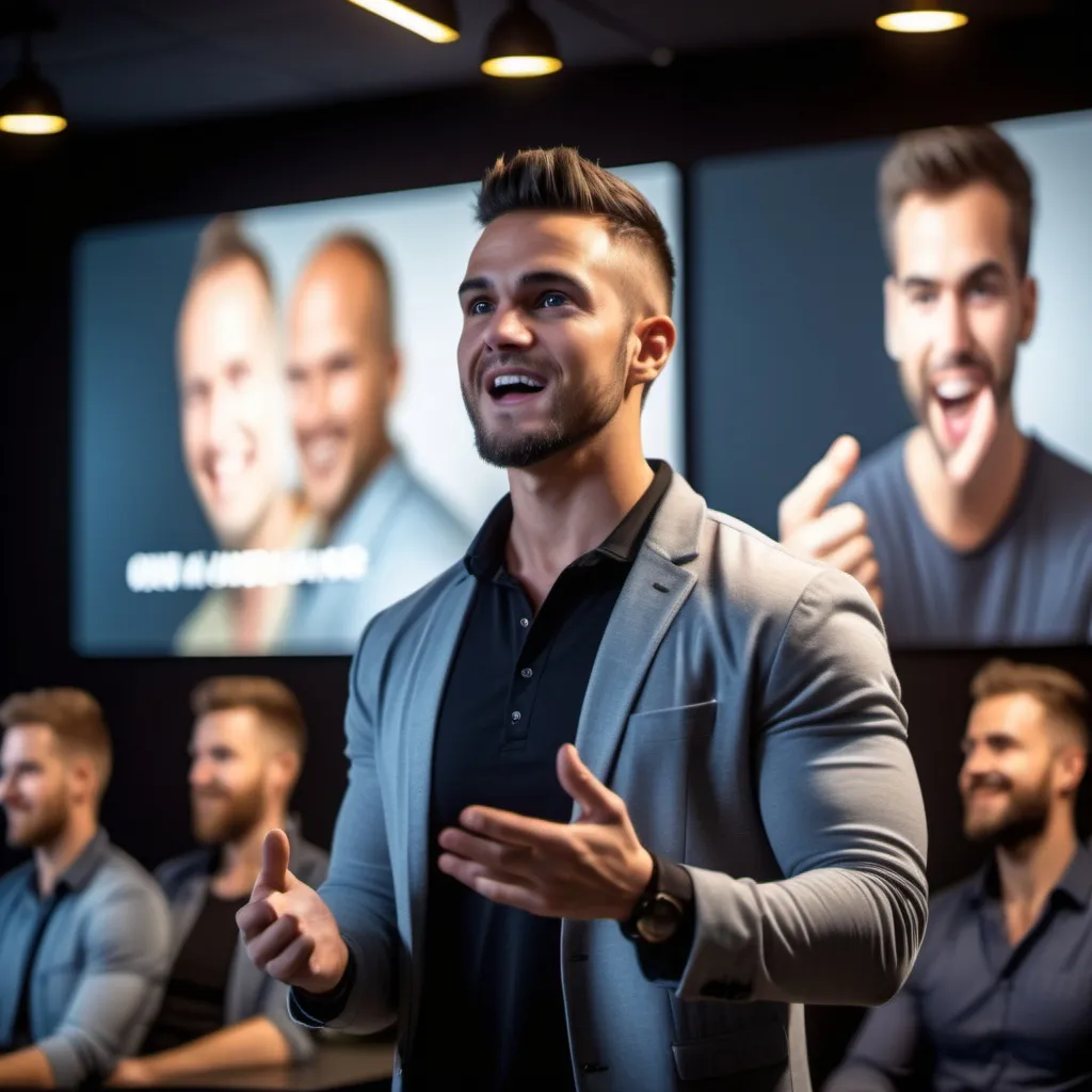 Prompt: (man engaging audience, "earn money online" discussion, motivational speaker, dynamic gesture, warm lighting, casual clothing, confident expression, inviting atmosphere, modern setting, digital screens in background, motivational posters, high quality, 4K, ultra-detailed, inspiring tone)