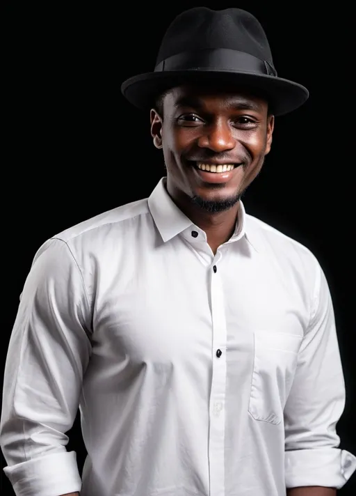 Prompt: a man in a white shirt and black hat smiling at the camera with a black background and a black background, Abidin Dino, hurufiyya, white background, a character portrait