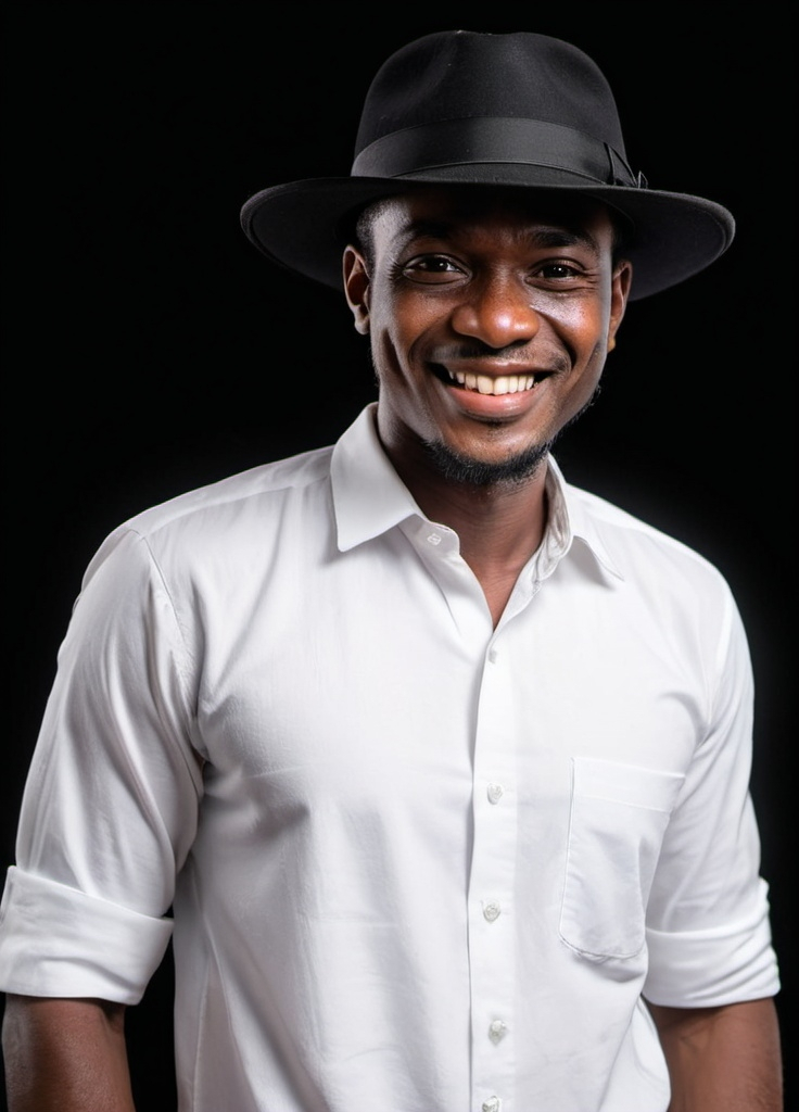 Prompt: a man in a white shirt and black hat smiling at the camera with a black background and a black background, Abidin Dino, hurufiyya, white background, a character portrait