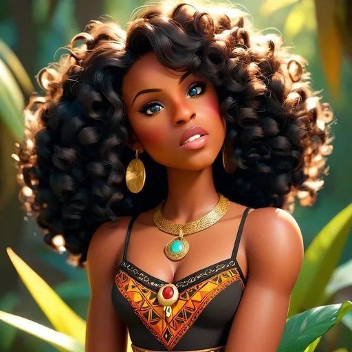 Prompt: A full body shot of a  Def, Pixar, 3D animation inspired image of an innocent,  16 year-old, Melanated, brown skinned, princess with long, shoulder length, curly black hair, big innocent brown eyes,   in a chiffon short top and a chiffon skirt that has African patterned trim,  Tribal Gold emblem Jewelry, classy, Gorgeous, and graceful, against a sunny, Blue sky with a colorful, tropical forest in the background