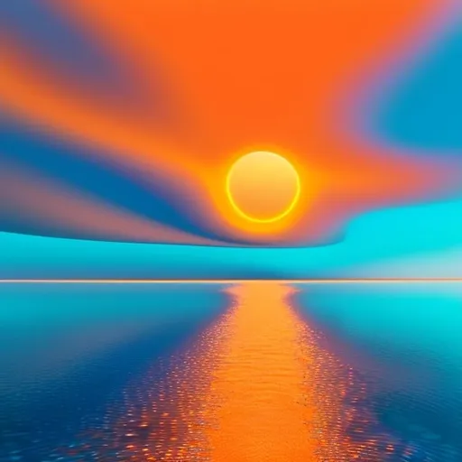 Prompt: High Def, Pixar, 3D animation inspired,  huge, clear, gradient orange and yellow moon in the deep blue, psychedelic sky, above a calm blue body of water

Beautiful, colorful, clear, fantasy art, digital painting, hyperrealism, hyperdetailed, landscape, photorealistic, psychedelic, radiant,  vibrant,  