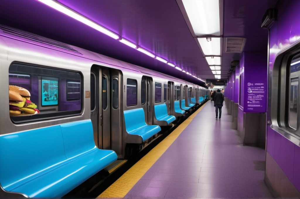 Prompt: Super metro station, an alive burger in it, but neon blue and a bit purplish! The trains are blue, and have a *somewhat* large space, also make it neon and no other color.