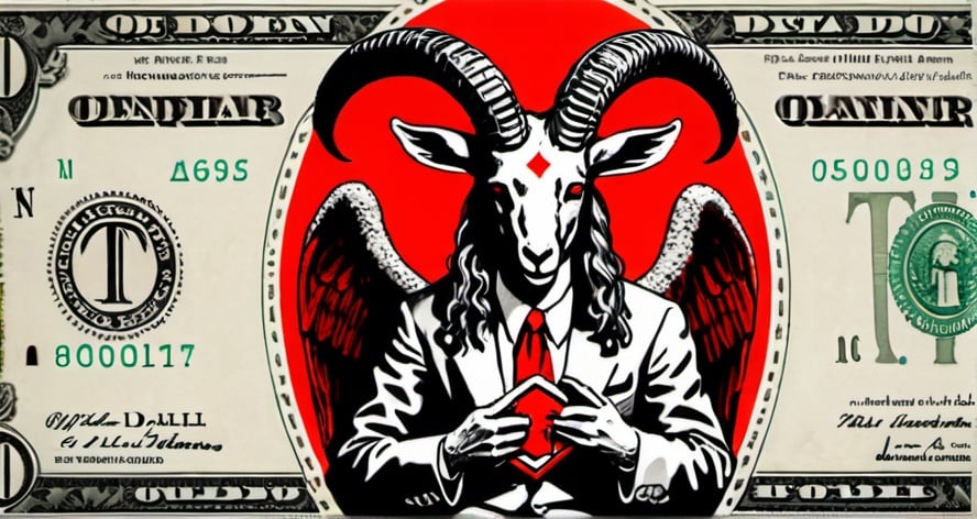 Prompt: Baphomet, alchemical, occult, knights Templar, goat head, fiat banking, pyramid eye, blood, dollar bill printing, debt, bankers, blood dripping, chains, slavery, evil, perfectly framed, centered image