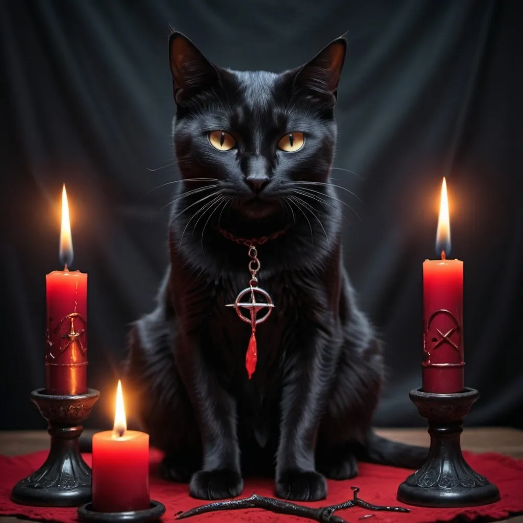 Prompt: mage black cat doing satanic ritual. 
Must be a terrify picture