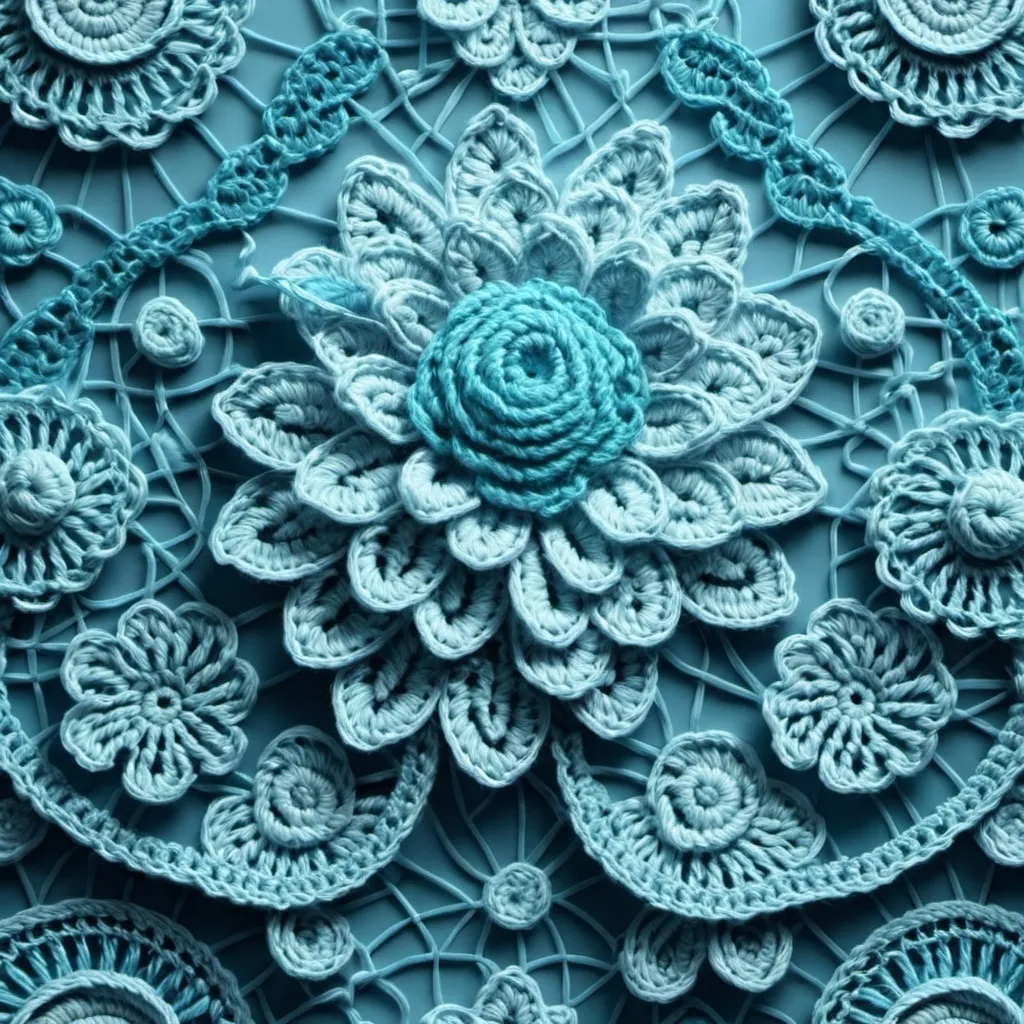 Prompt: wonderful crochet floral background with realistic details in sky blue shapes futuristic