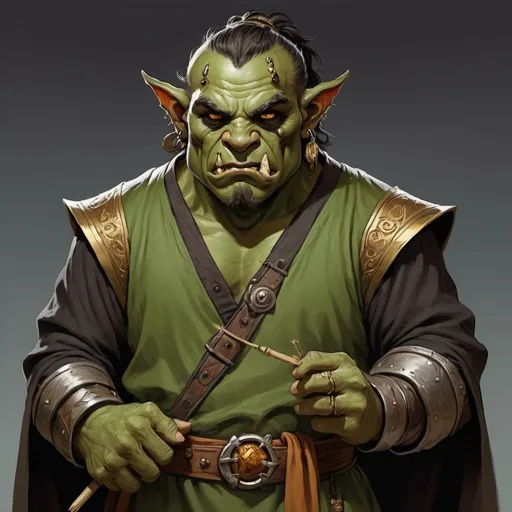 Prompt: Orc, Mage: Mentalist, Young, with a Toothpick carved from a griffin bone hangin from his mouth, Ashy green complexion with big black eyes and a relaxed demeanor. Sports a dark amber tunic cinched with a gold sash.
