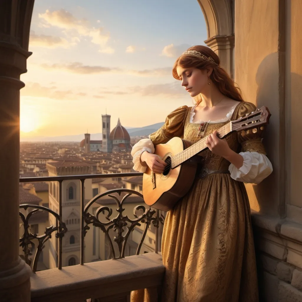 Prompt: Florence, 13th Century

A young noblewoman stands on the balcony of her bedroom, looking down at a handsome young troubadour playing the lute below.