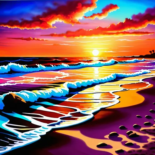 Prompt: Sunset beach landscape, calm ocean waves, sandy shore, vibrant sunset colors, high quality, realistic, warm tones, serene lighting