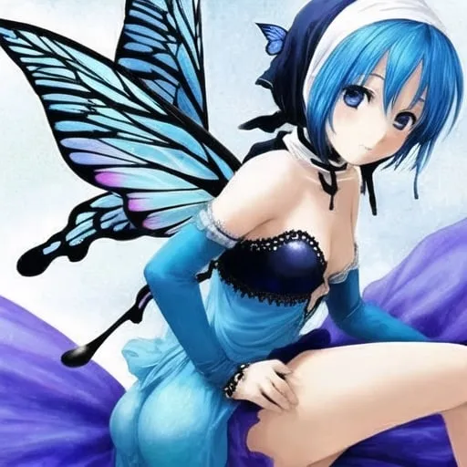 Prompt: a blue haired fairy with butterfly wings playing with a muslim hijabi