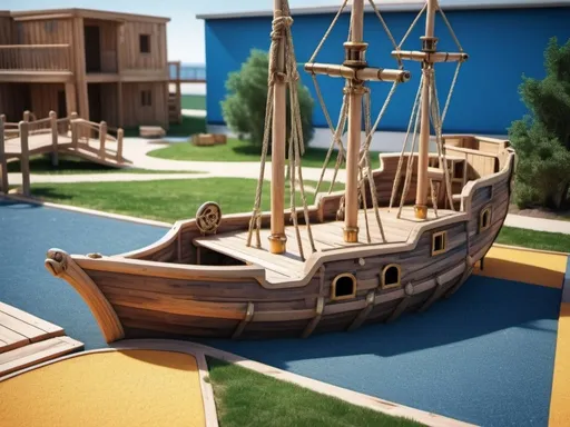 Prompt: Playground architectural rendering pirate ship, raw wood, sunny day, photo realistic