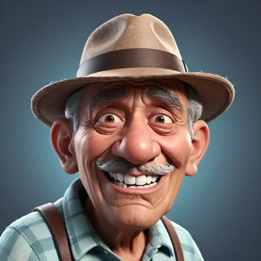 Prompt: Disney pixar character, 3d render style, old latino man with a wrinkled face wearing a fedora and winking with his tongue sticking out. cinematic colors