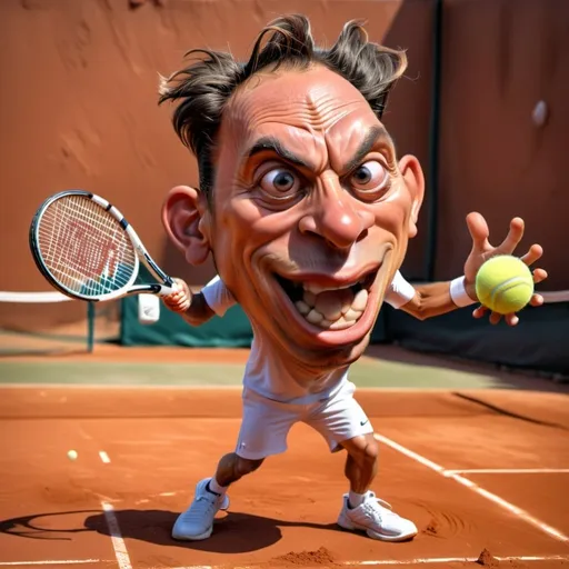 Prompt: Photorealistic tennis player, playing on red clay, lunging for a ball.  Show the ball hitting the strings of the racket and the strings bending.  The player's face shows him grimacing with a forehead dripping with sweat.  