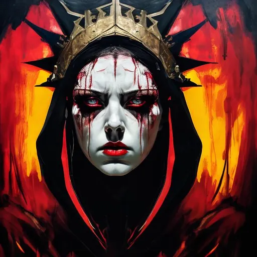 Prompt: Lady Macbeth with fierce ambition and ruthless determination, bold reds, blacks, and golds, sharp lines, dramatic angles, neon crown, high contrast, oil painting, detailed facial features, intense gaze, regal posture, dark and atmospheric lighting, highres, high quality, dramatic, Shakespearean, royal, powerful, intense colors, emotional, professional