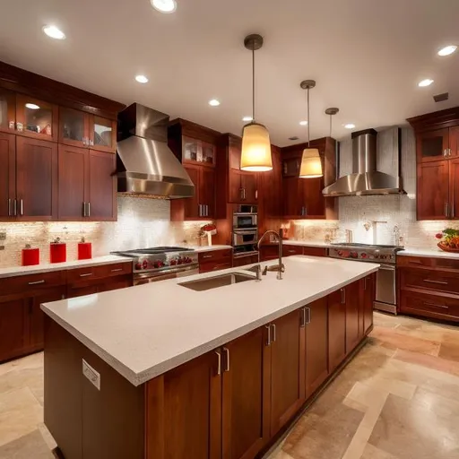 Prompt: Kitchen with white quartz counters, red brown stained shaker style wood cabinets, natural lighting, high quality, realistic, modern, warm tones, detailed textures, spacious layout, professional photography