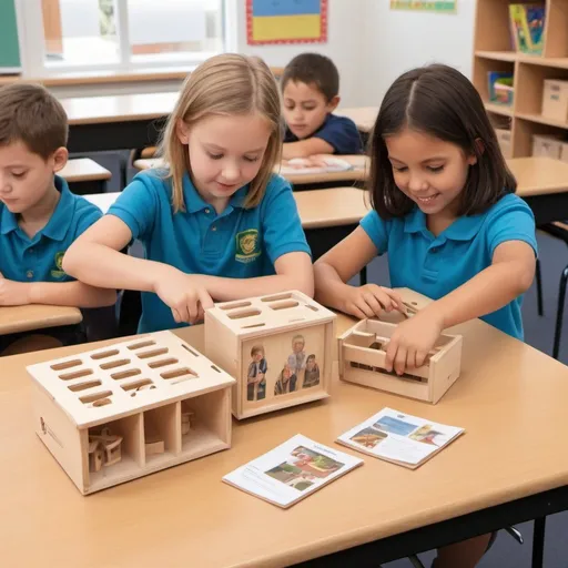 Prompt: generate an image of primary school students in the Australian classroom using wooden kits


