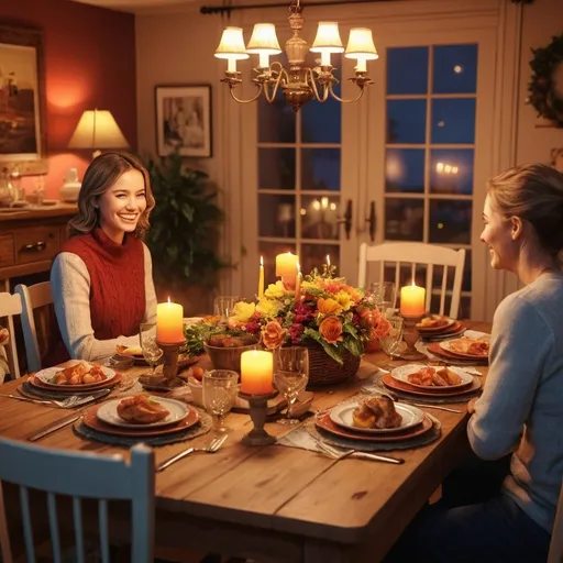 Prompt: Happy family dining together, vibrant colors, warm and cozy atmosphere, realistic, detailed facial expressions, 4k, warm tones, realistic, traditional, cheerful, cozy lighting, detailed table setting, classic, heartwarming, joyful, high quality