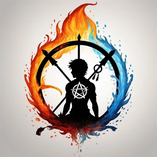 Prompt: Draw me an anarchy symbol but incorporate water and fire as equals lot's of color and a shadow of god above. Includ name Archer Miles chamath as to water sil