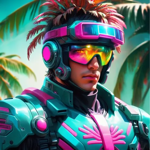 Prompt: a close up of a person wearing futuristic visors a palm tree, shiny cyberpunk colors, retrofuturism, 1980s sci-fi, game cover art, character, 4k ,a man gun hand