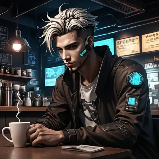 Prompt: Anime cyberpunk style, man in coffee shop, highly detailed, HD, dark background and air