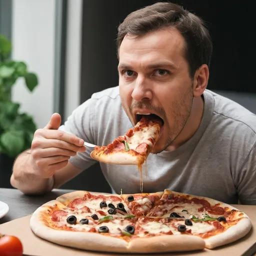 Prompt: A man eats pizza with great appetite