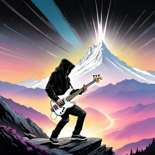 Prompt: Bass player, playing White Jazz Bass, on top of an epic mountain, with a ray of light hitting it from the sky, mystic, epic, mysterious, musician seen from behind, black hoodie