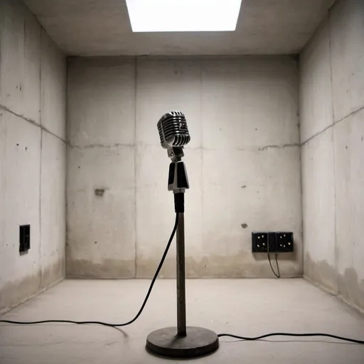 Prompt: a microphone in an empty room with concrete walls full of power sockets