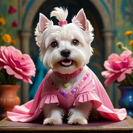 Prompt: Tarot Card Style, Male West Highland White Terrier wearing a pink dress, colourful, mystic