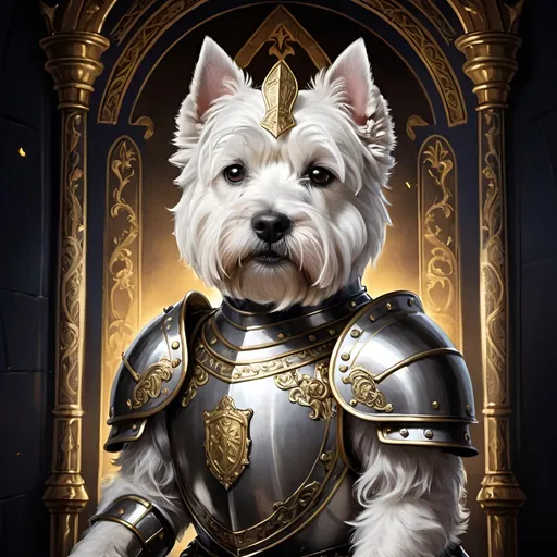 Prompt: tarot card Anime illustration, a west highland white terrier, detailed ornate knights armour, dramatic lighting