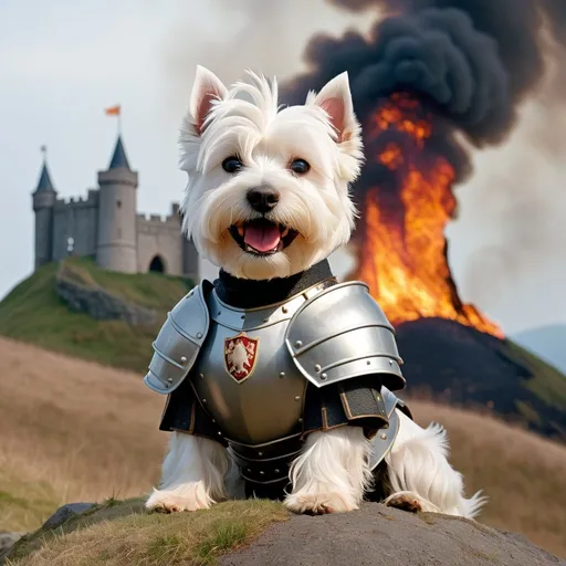 Prompt: Male West Highland White Terrier wearing Knights Armour on a hill in front of a burning castle