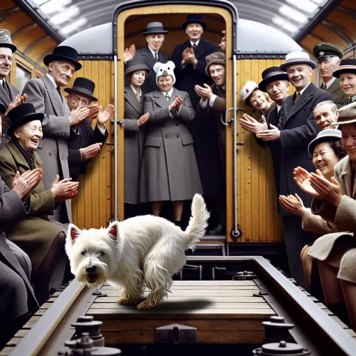 Prompt: west highland white terrier pooping inside the wagon of a german ice train. People around wear ducks as hats and are applauding