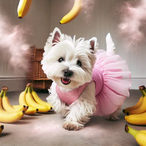 Prompt: Dancing west highland white in a room full of bananas wearing a pink dress surrounded by magical sparkle dust