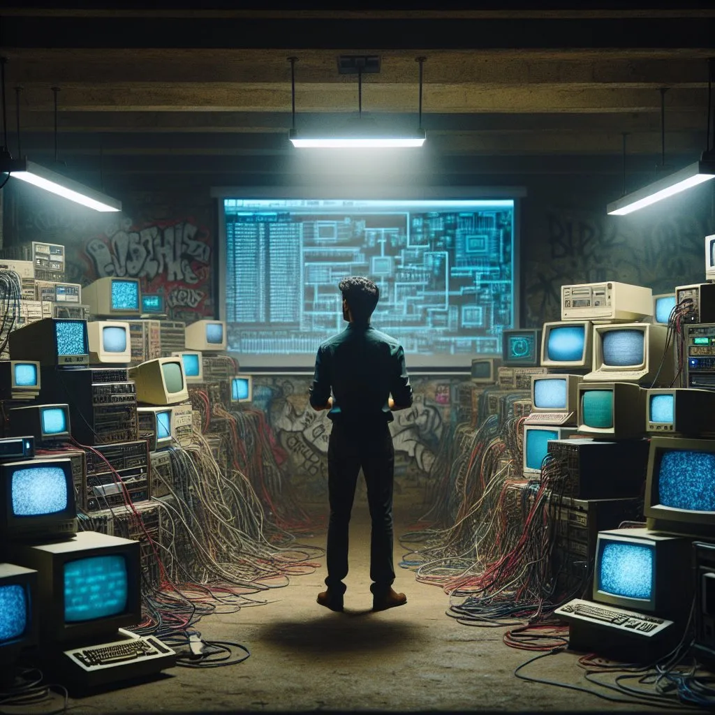 Prompt: Person holding presentation in a room full of Old computers, connected with many cables, in a basement room, gritty