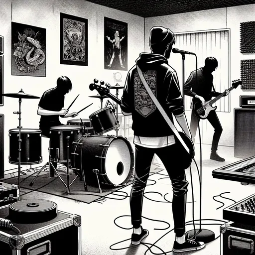 Prompt: Black and white, manga style. 
A male bass guitar player and a drummer play their instruments energetically in a rehearsal room. Both are being shown from the back and are wearing black hoodies and jeans. 
A third person angrily leaves the rehearsal room with a microphone in one hand and a big roll of tape in the other hand. 
In the room standing is the drummers drum set and a big bass cabinet. The walls are covered in band posters and wallplugs. 