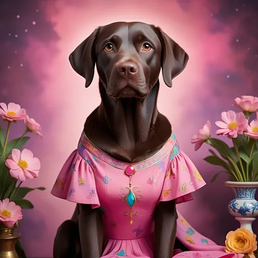 Prompt: Tarot Card Style, dark brown Labrador, wearing a pink dress, colourful, mystic