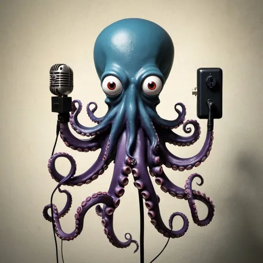 Prompt: Octopus Daemon with Microphone tentacles and a Wall-Plug Head