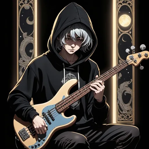 Prompt: tarot card Anime illustration, a bass player, black hoodie and opants, face hidden, dramatic lighting