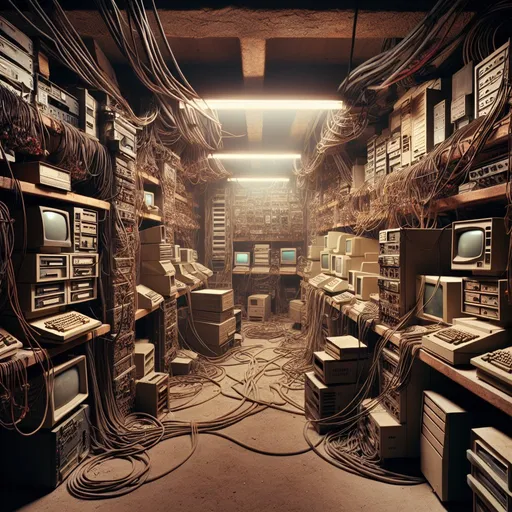 Prompt: Old computers, connected with many cables, in a basement room, gritty