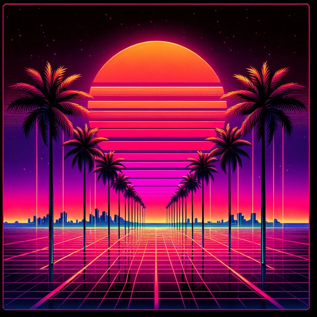 Prompt: High detail, Retrowave 80's Sunset Palm Tree Landscape Poster 