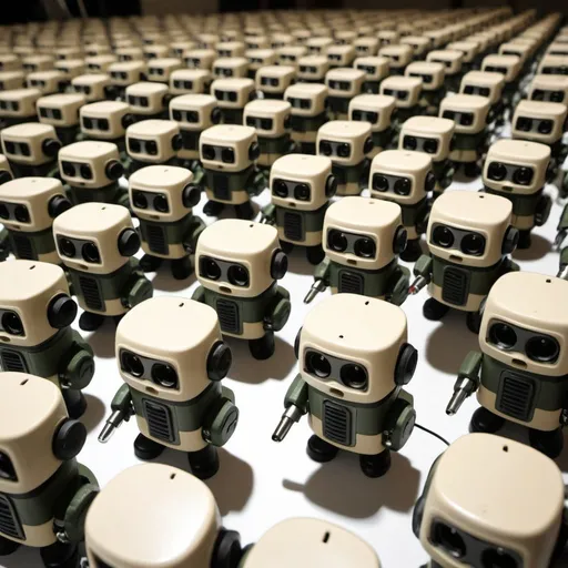 Prompt: an army of power sockets with arms and legs, armed with microphones, ready to attack