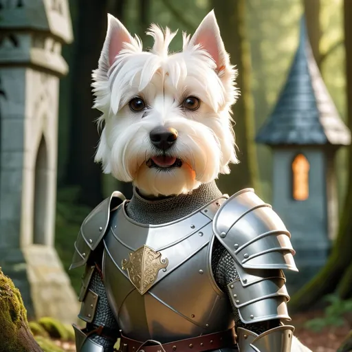 Prompt: Male West Highland White Terrier wearing Knights Armour in front of an elven forest temple