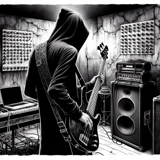 Prompt: Junji Ito manga style, electric bass guitar playing man with black hoodie and shown from the back in a basement rehearsal room, all walls covered in wallplugs besides a big bass cabinet and a macbook, manga scene 