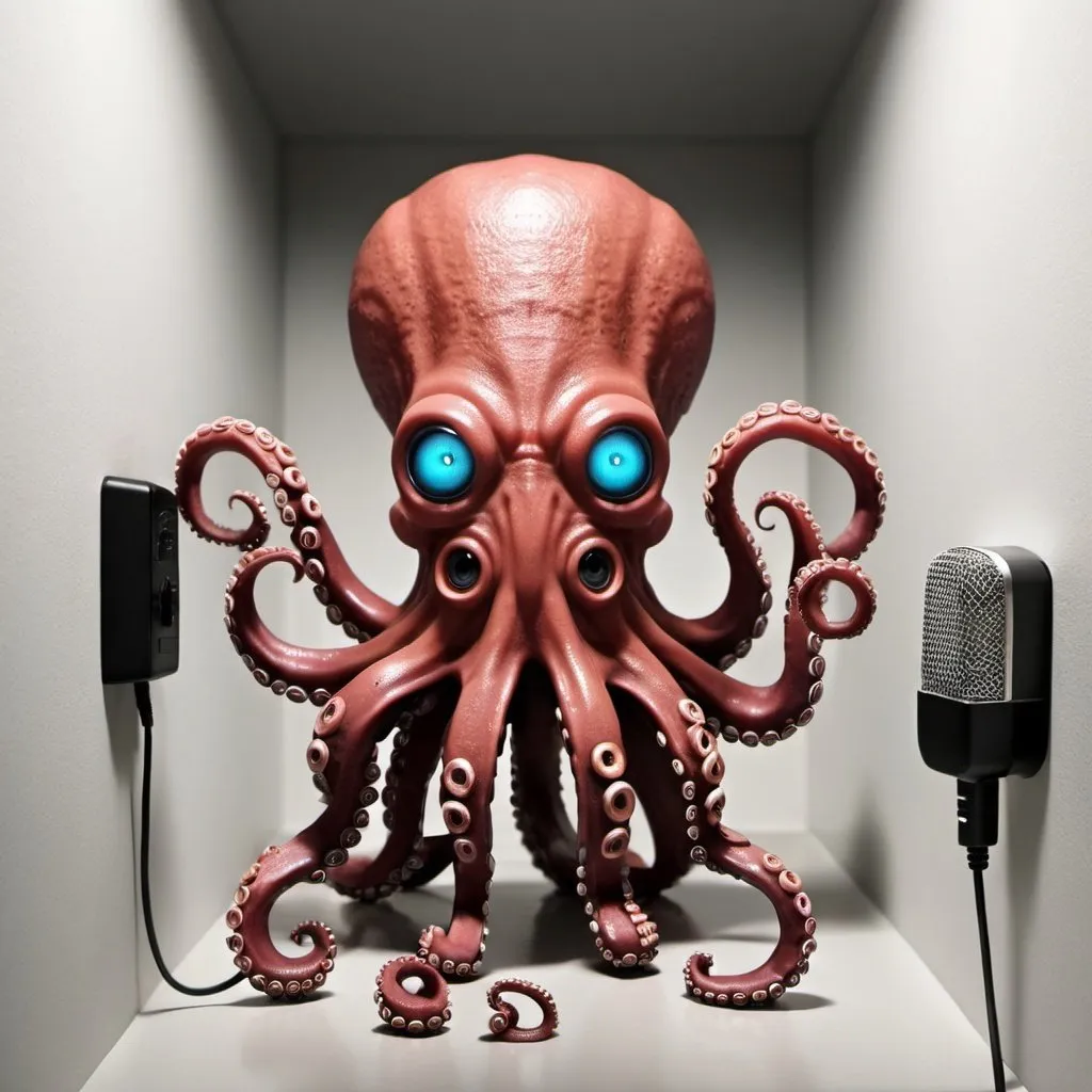 Prompt: Octopus Daemon with Microphone tentacles and a Wall-Plug Head