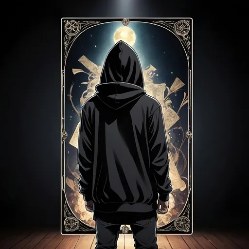 Prompt: tarot card Anime illustration, a bass player shown from the back, black hoodie and opants, face hidden, dramatic lighting