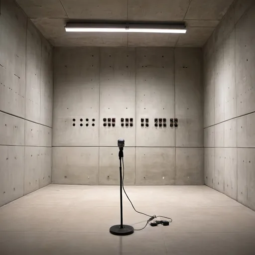 Prompt: a microphone in an empty room with concrete walls with 100 power sockets