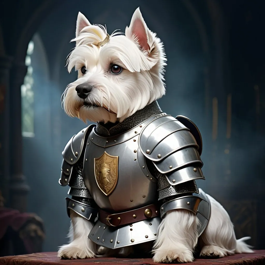 Prompt: Tarot Card Style, Male West Highland White Terrier wearing a knights armour, dark, mystic