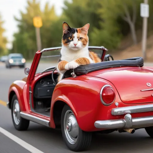 Prompt: Calico cat driving a red car