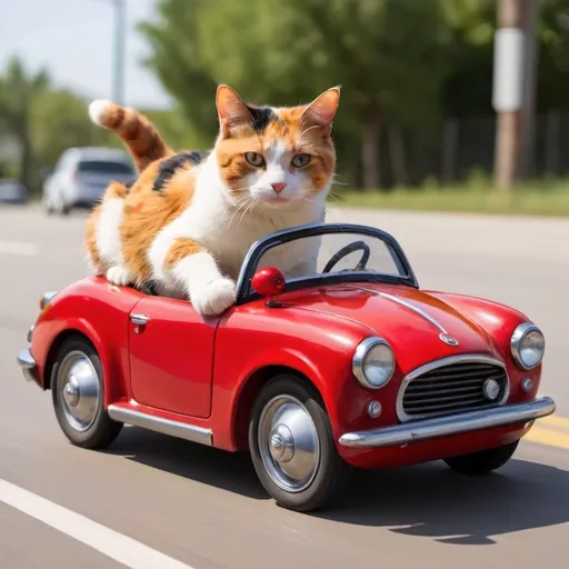 Prompt: Calico cat driving a red car