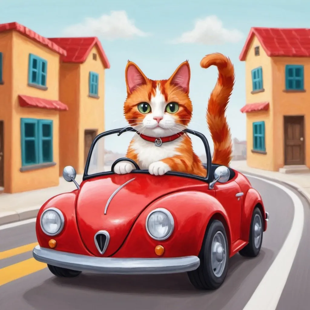 Prompt: Calico cat driving a red car