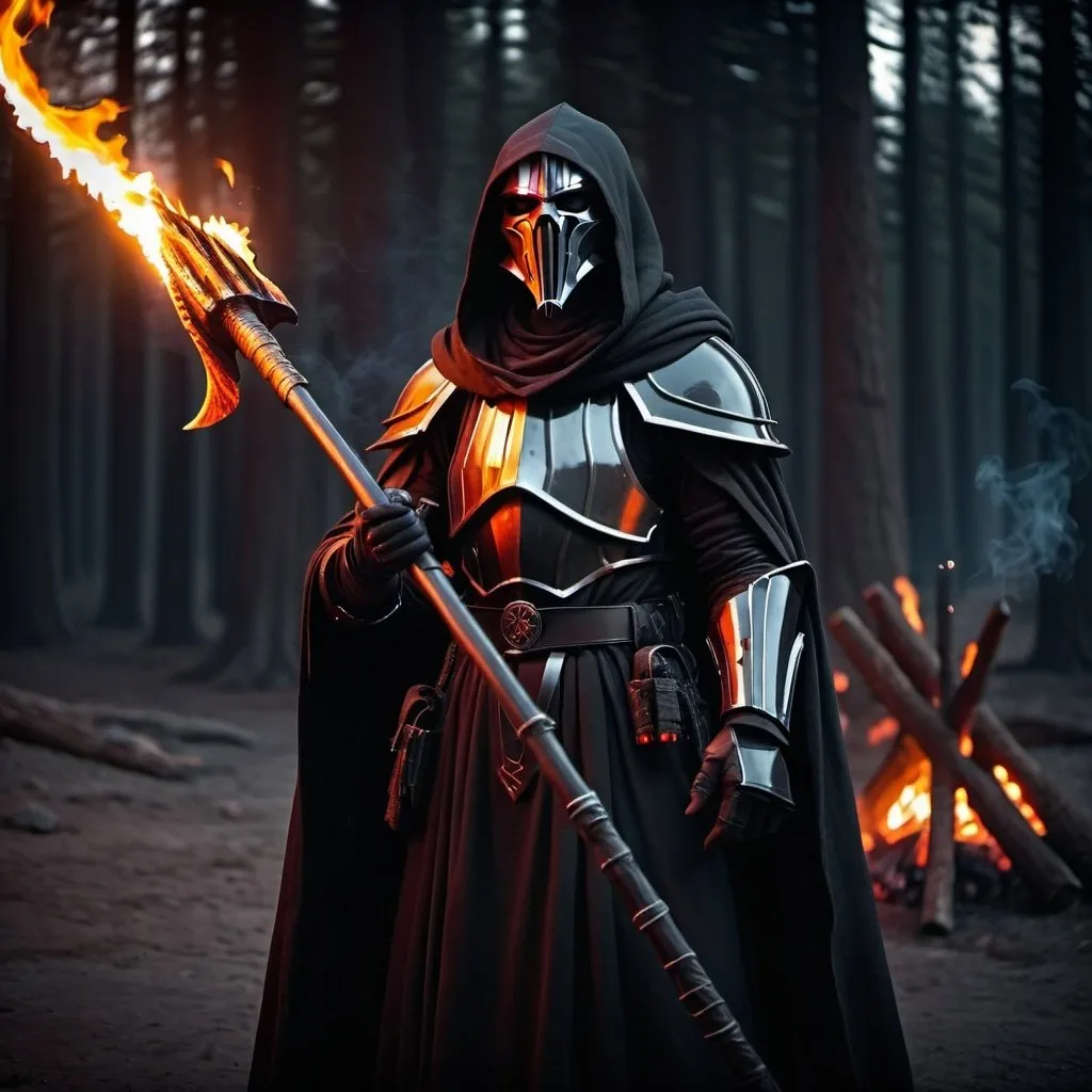 Prompt: Sith soldier in black armor and robe, holding a black pike, standing by a blazing campfire, high-quality, dark and sinister, detailed armor, fierce eyes, ominous atmosphere, highres, cinematic lighting